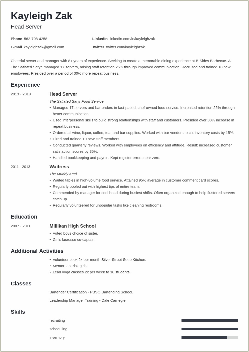 Food Service Customer Servcie Resume Working