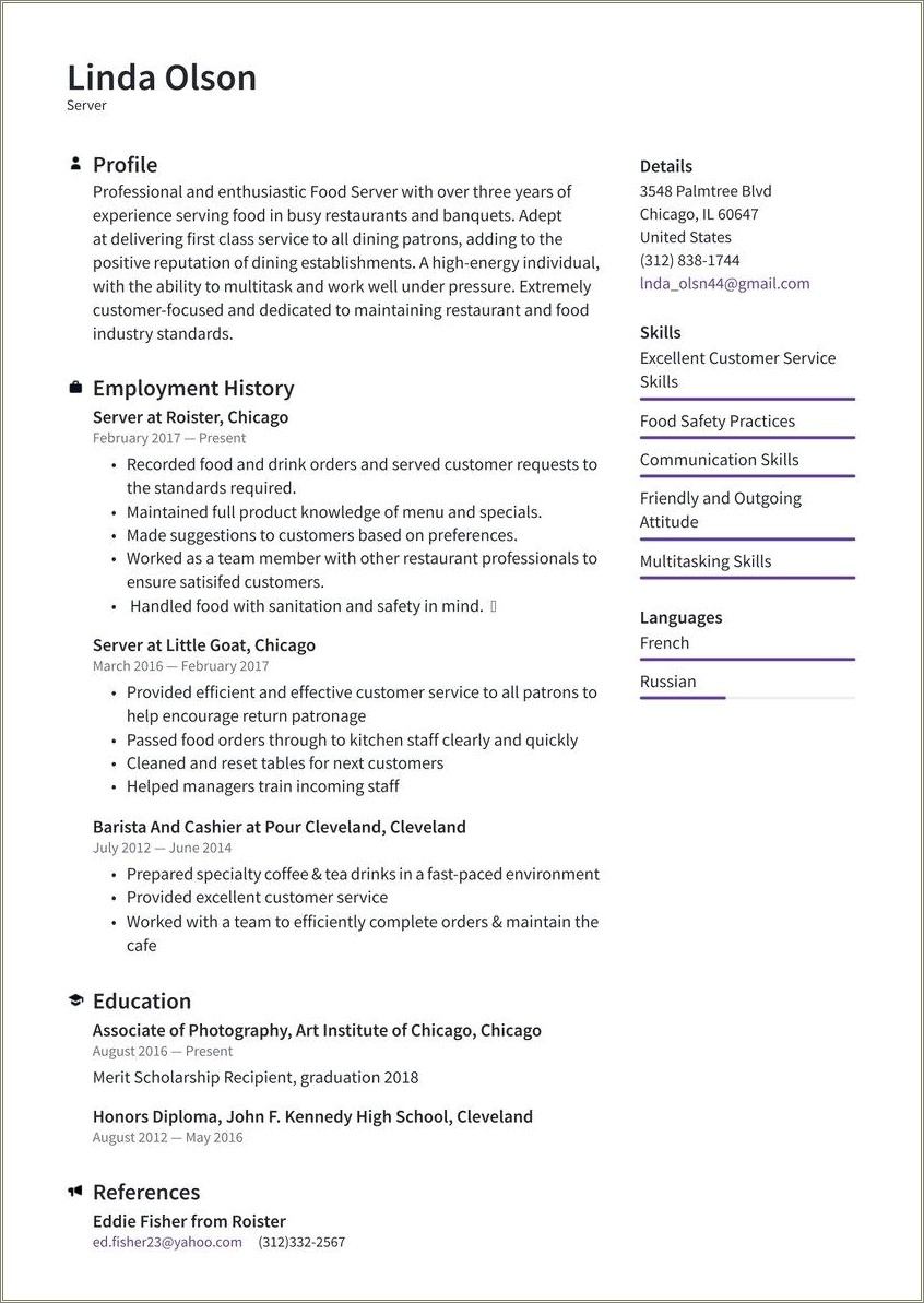 Food Service Customer Service Resume Working