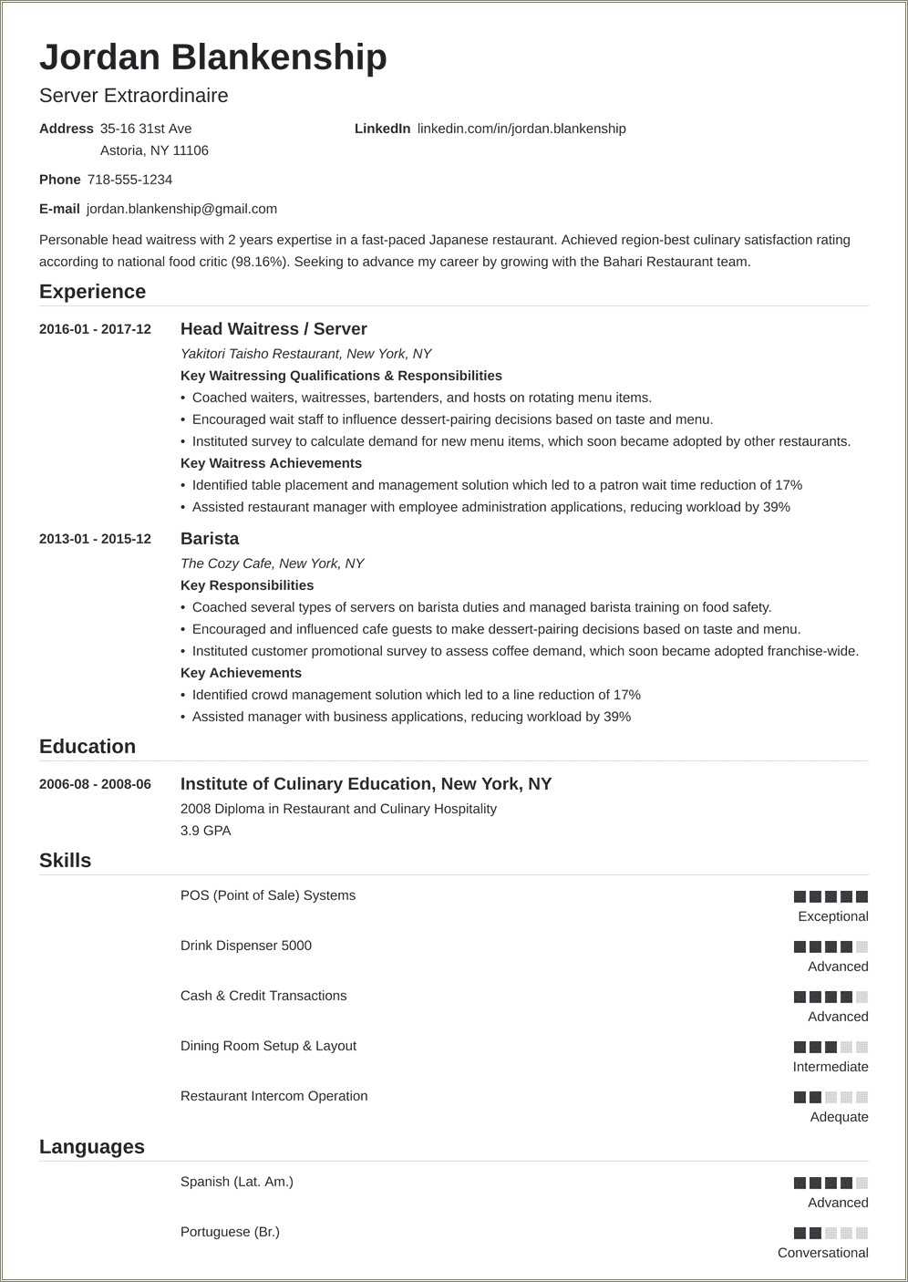 Food Service Position Resume Objective