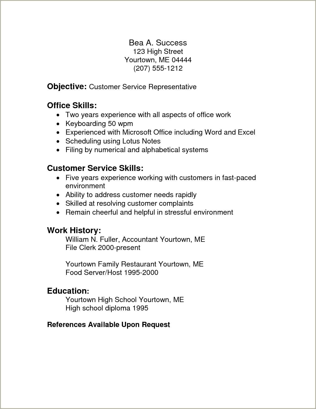 Food Service Skills And Abilities Resume