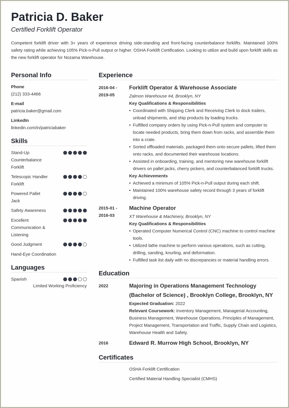 Forklift Operator Job Duties For Resume - Resume Example Gallery