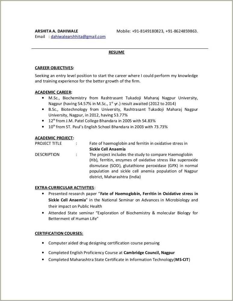 Msc Biotechnology Freshers Resume - Free Resume Samples For Biotechnology Freshers 