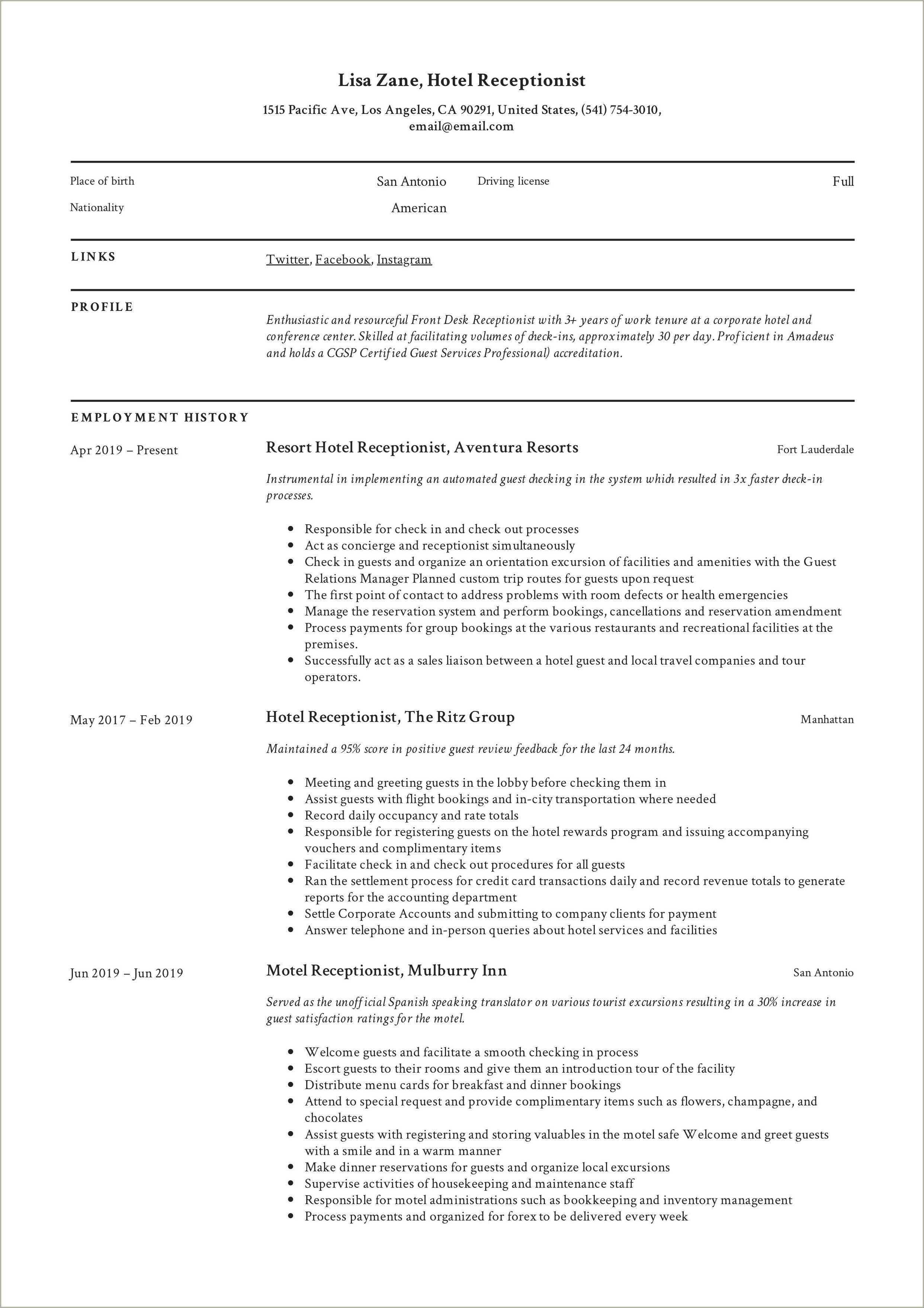 Hotel Front Desk Agent Resume Example Resume Example Gallery