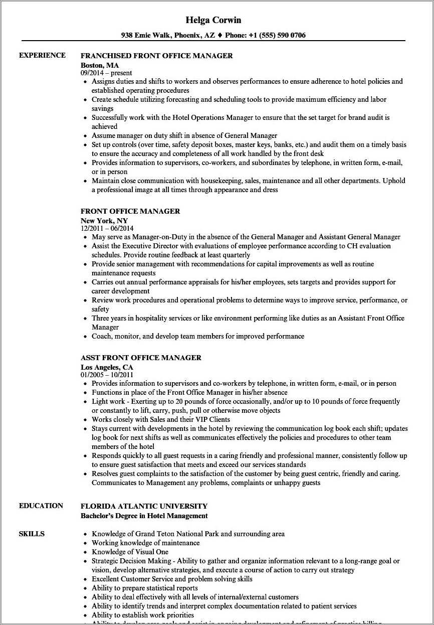 Front Office Manager Resume Professional Summary Resume Example Gallery