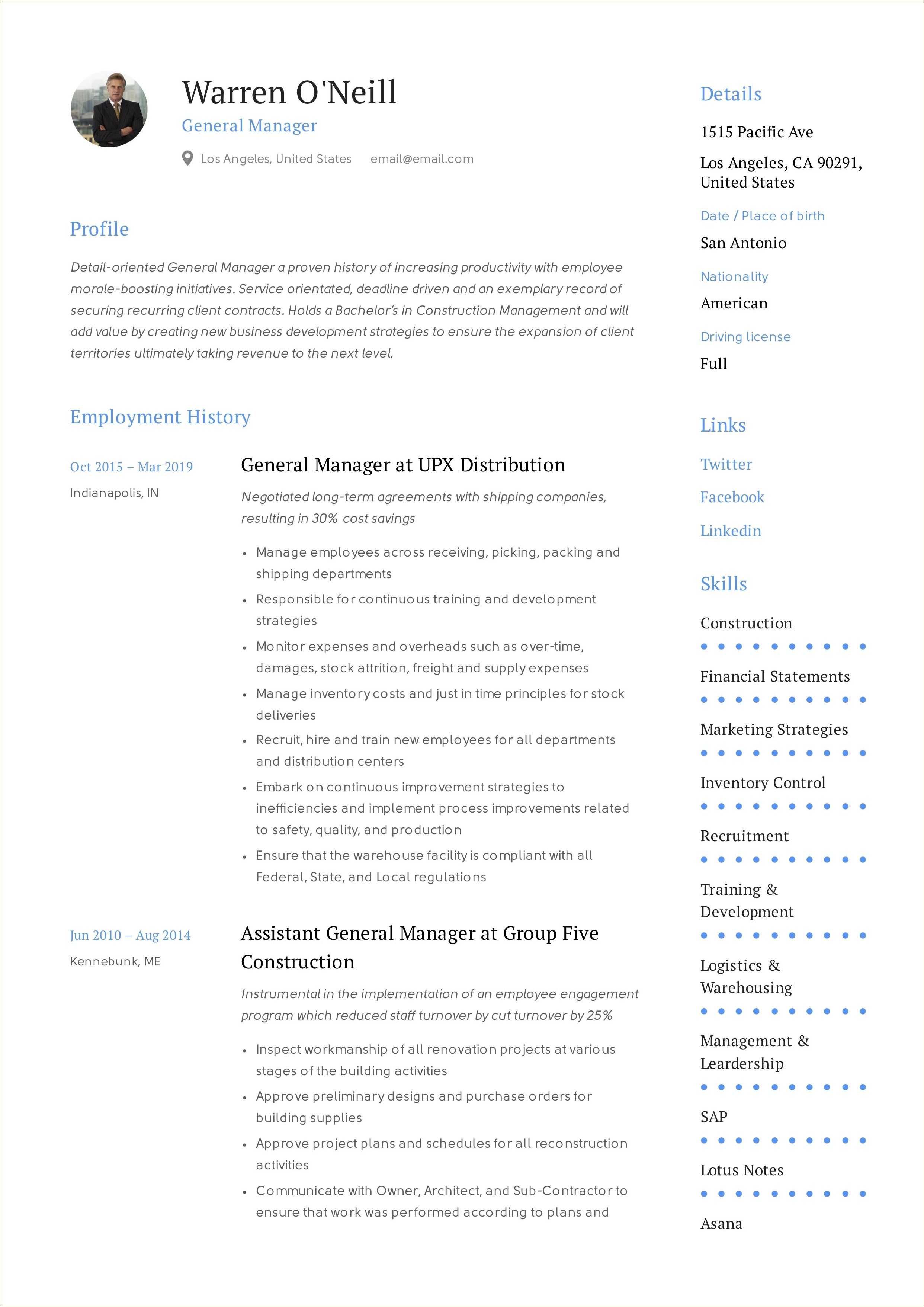 General Manager Job Description Sample Resume Resume Example Gallery