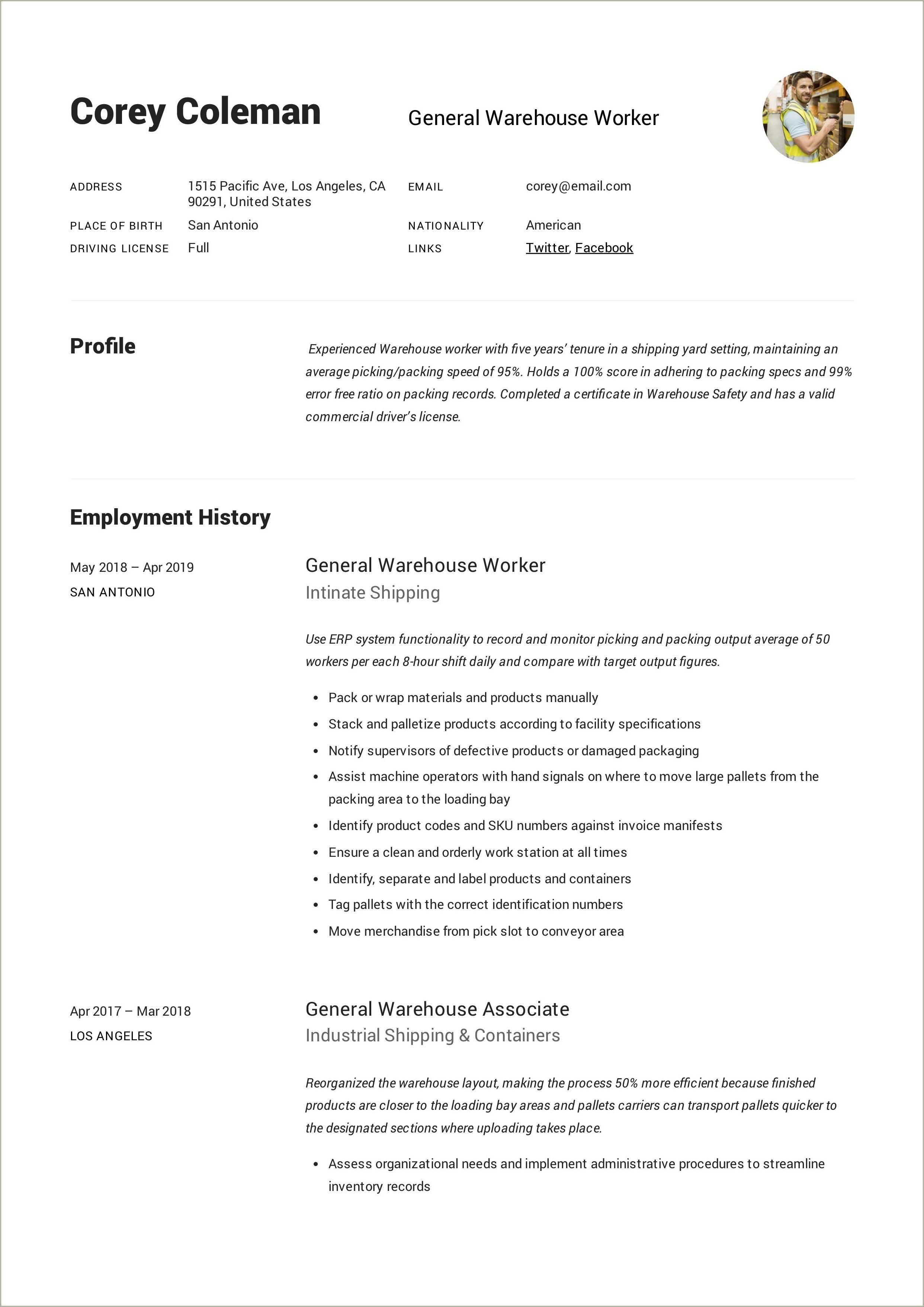 General Warehouse Maintenance Worker Resume Summary