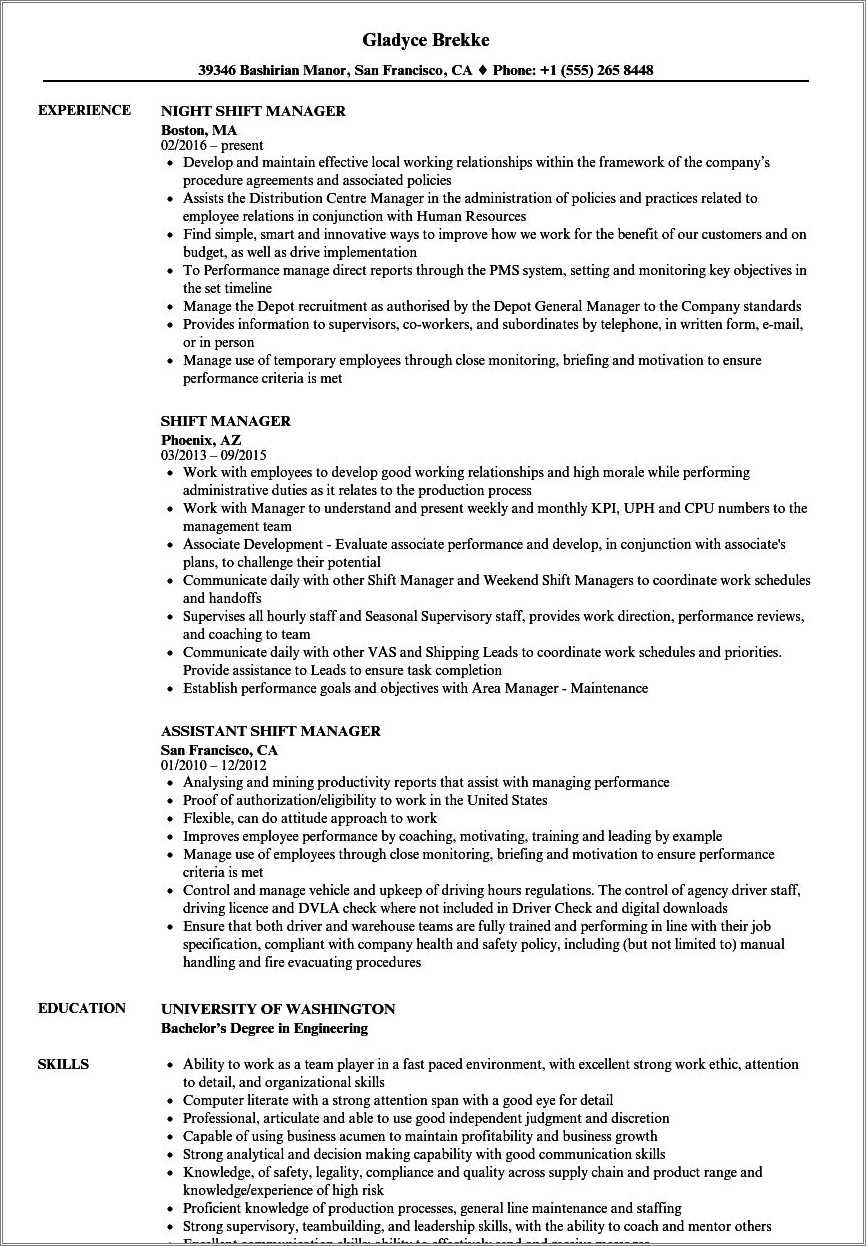 Good Resume Summaries For Fast Food Shift Managers
