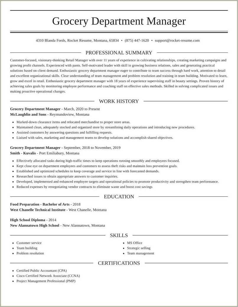 Grocery Store Dairy Manager Resume