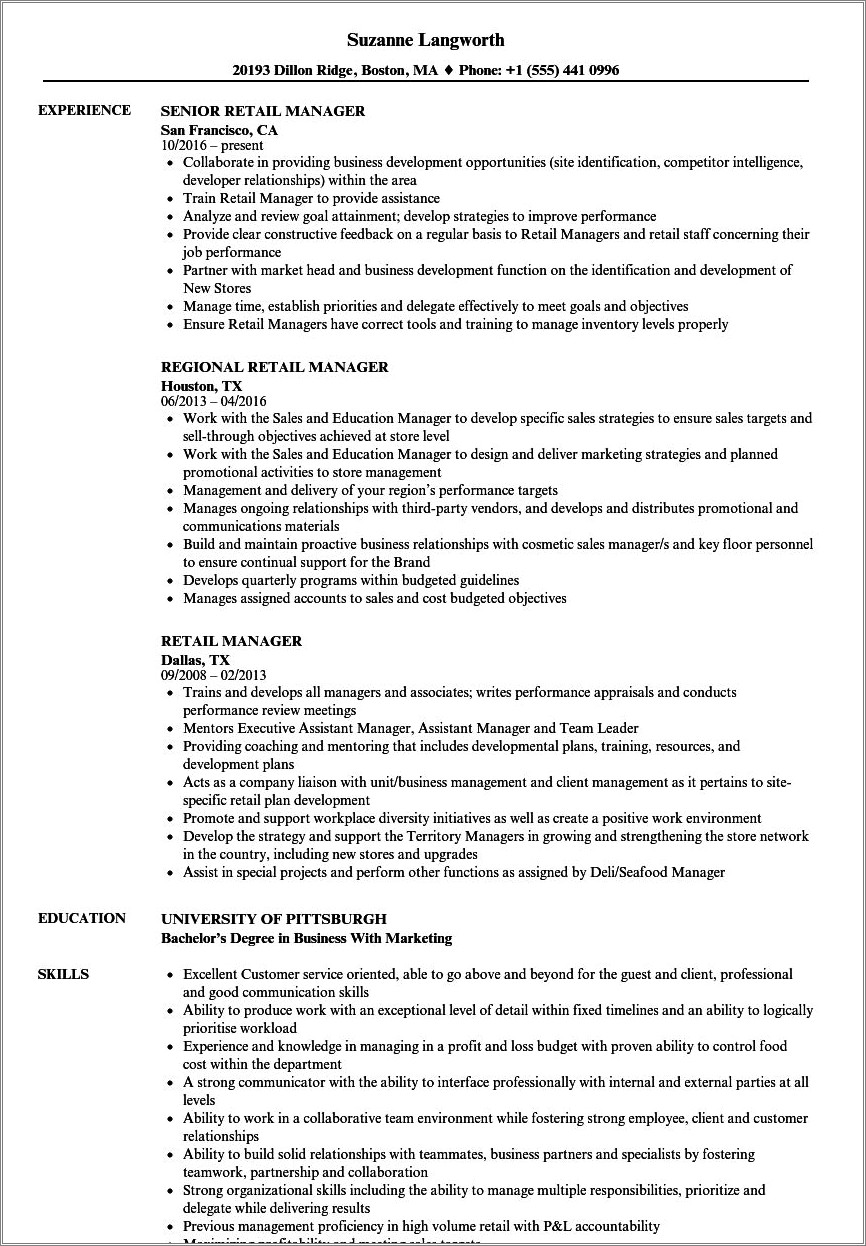Guest Experience Retail Manager Resume