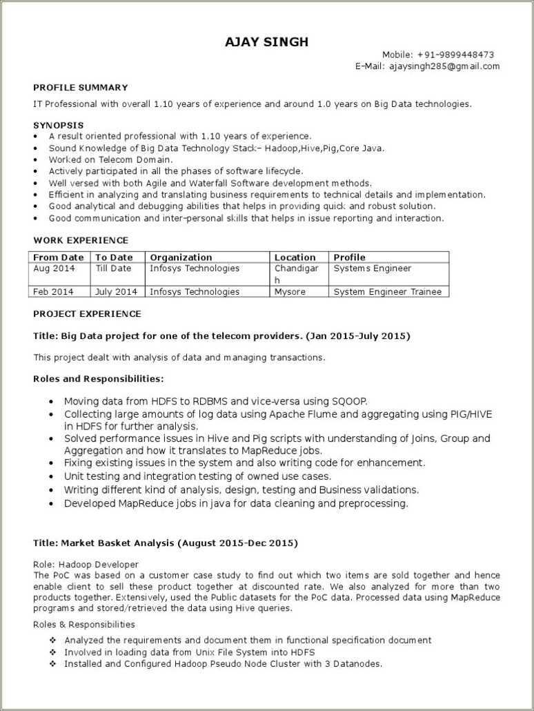 Sample Resume For 1 Year Experienced - Hadoop Resume For 1 Year Experience 