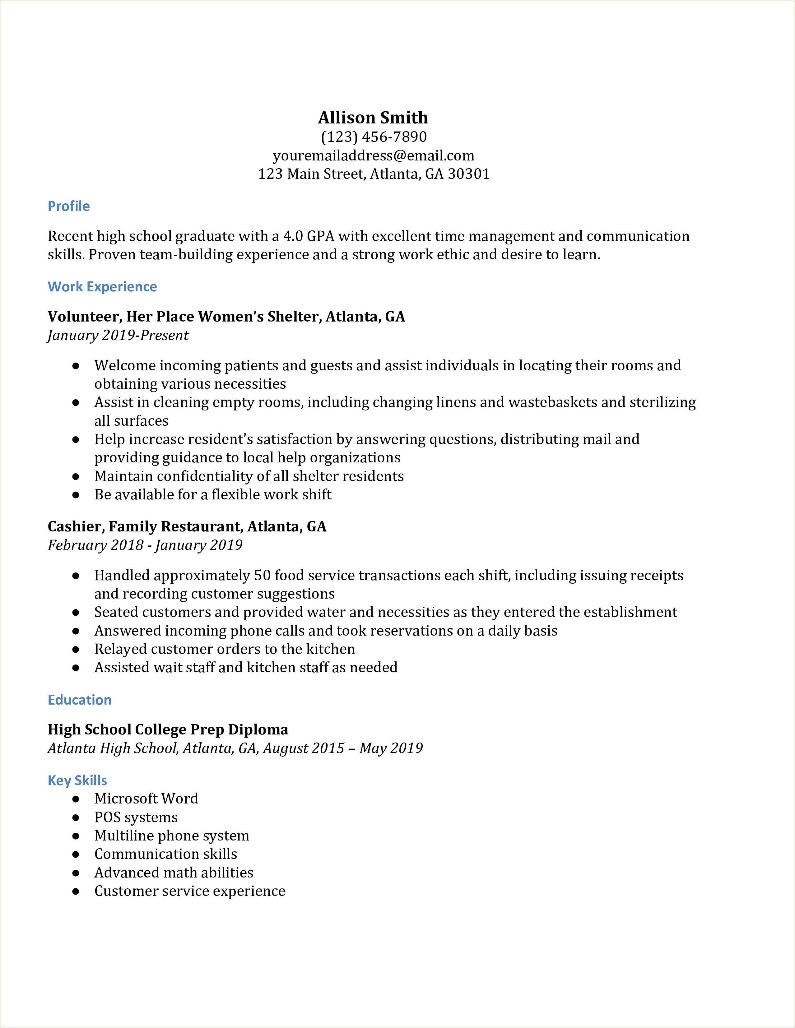 High School Graduate Resume Customer Service