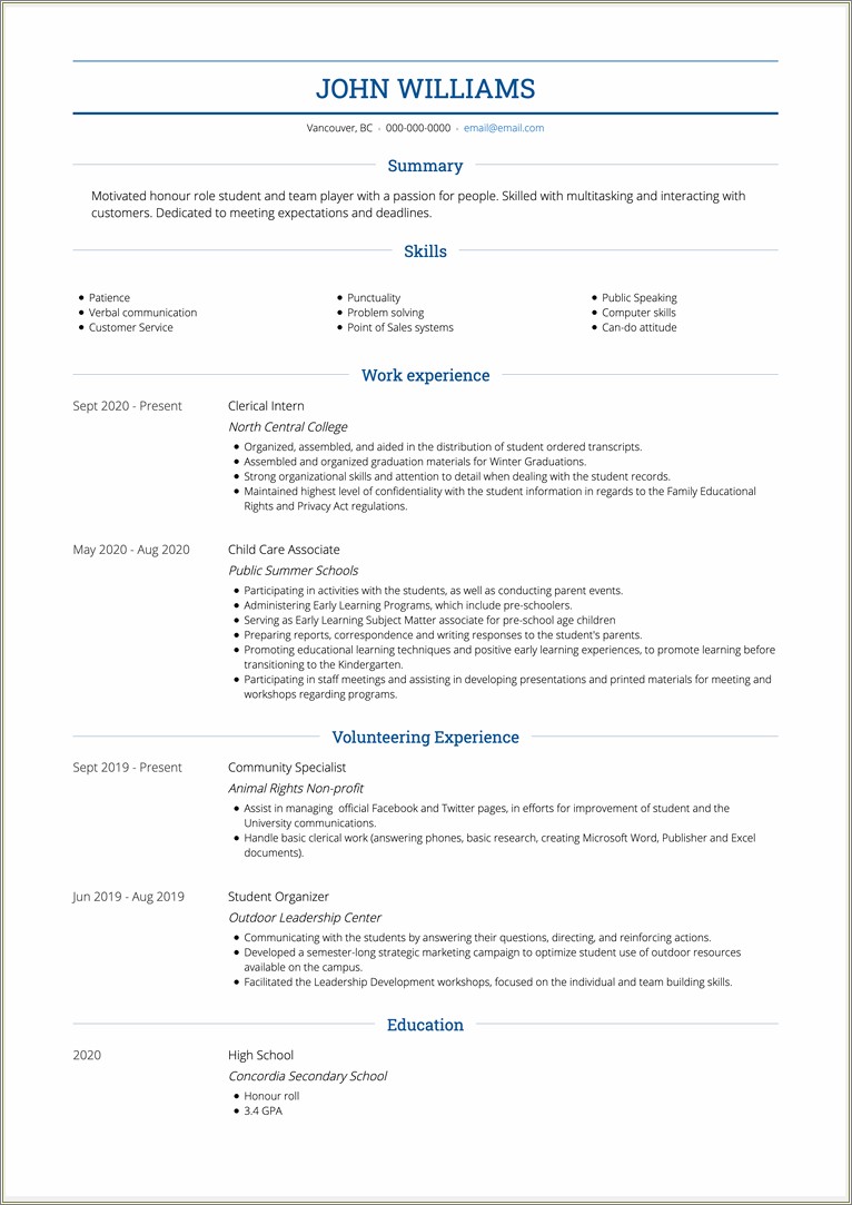 High School Resume Community Service Examples