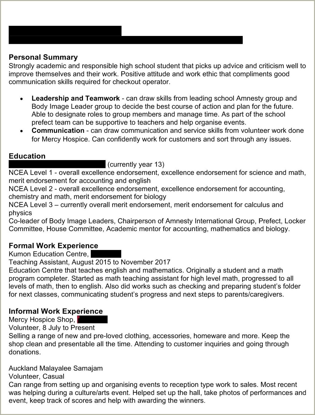 High School Resume For Kumon Jobs