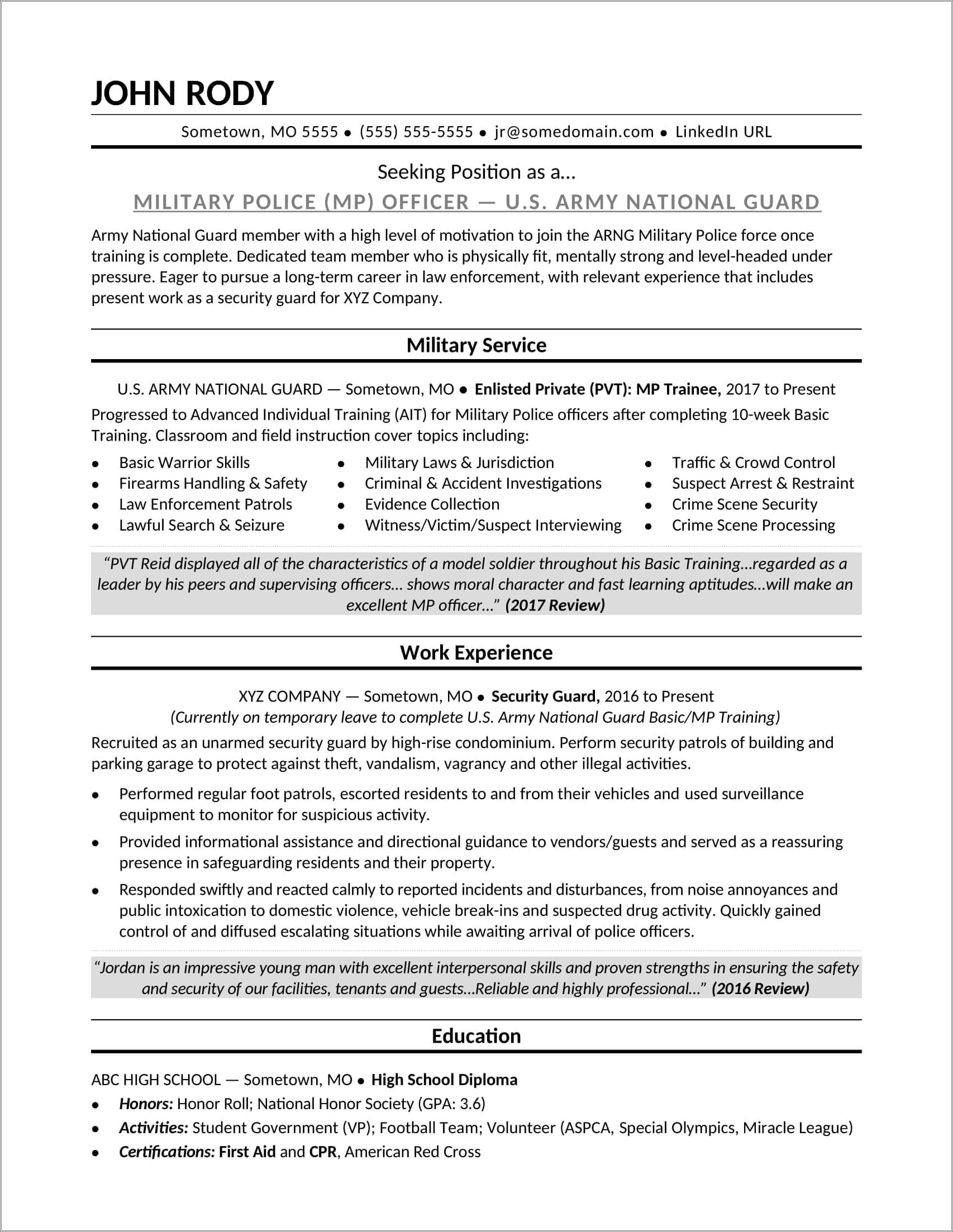 High School Resume For Military Service