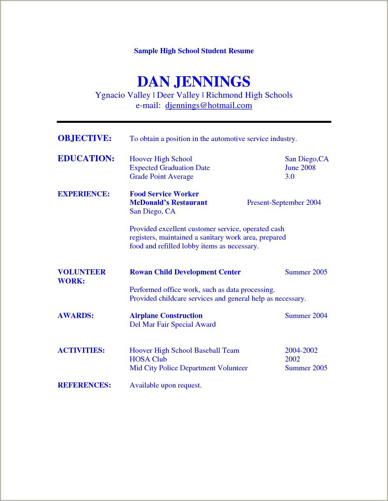 High School Students Resume Objectives