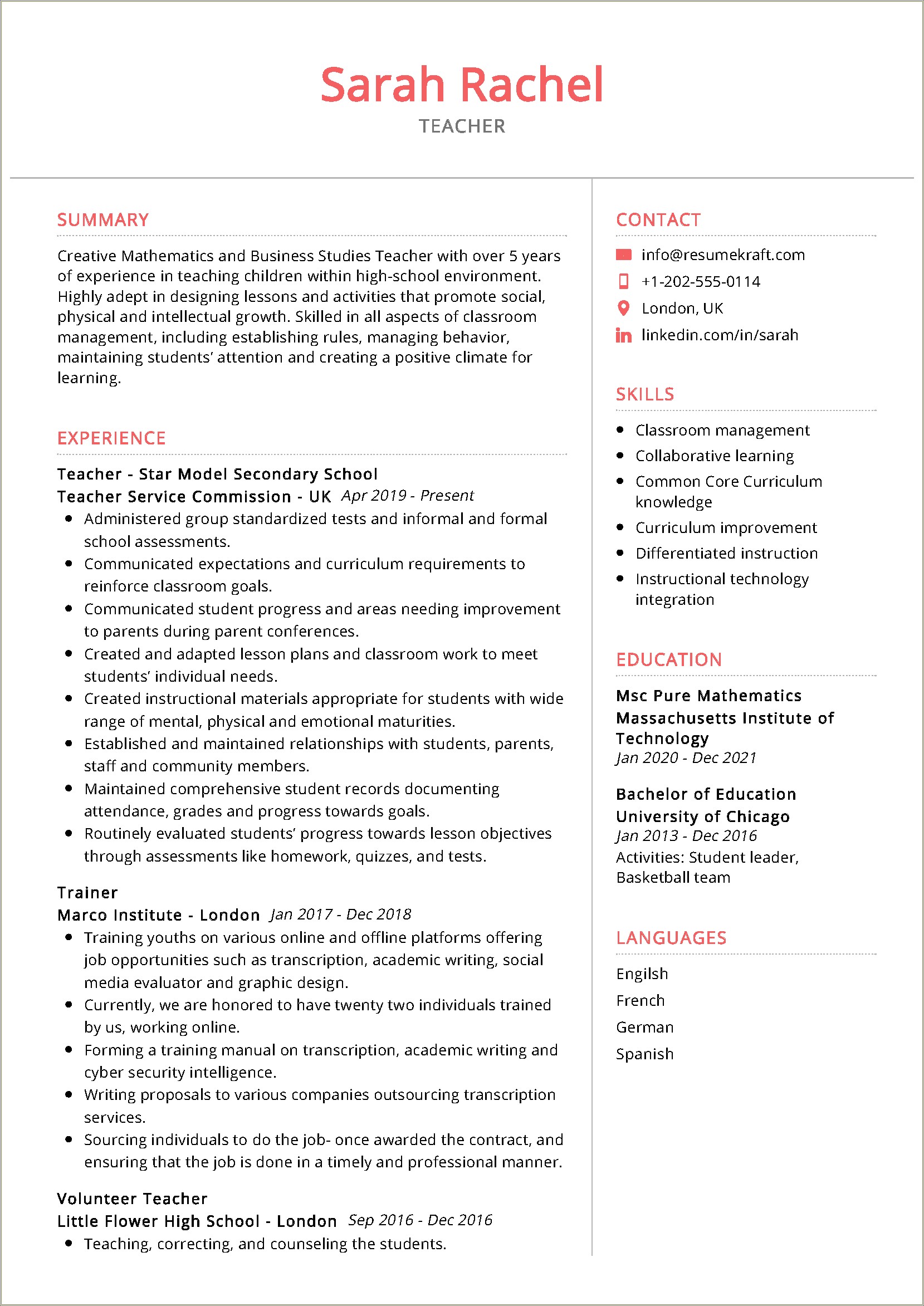 High School Teaching Resume Samples