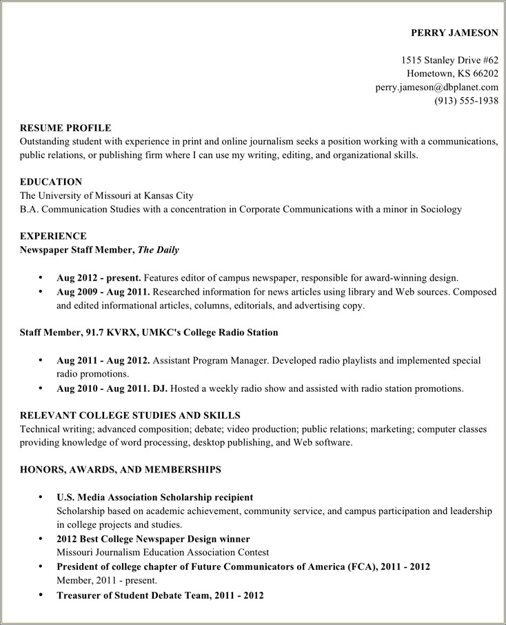 Highschool Resume Education Examples Journalism College Student