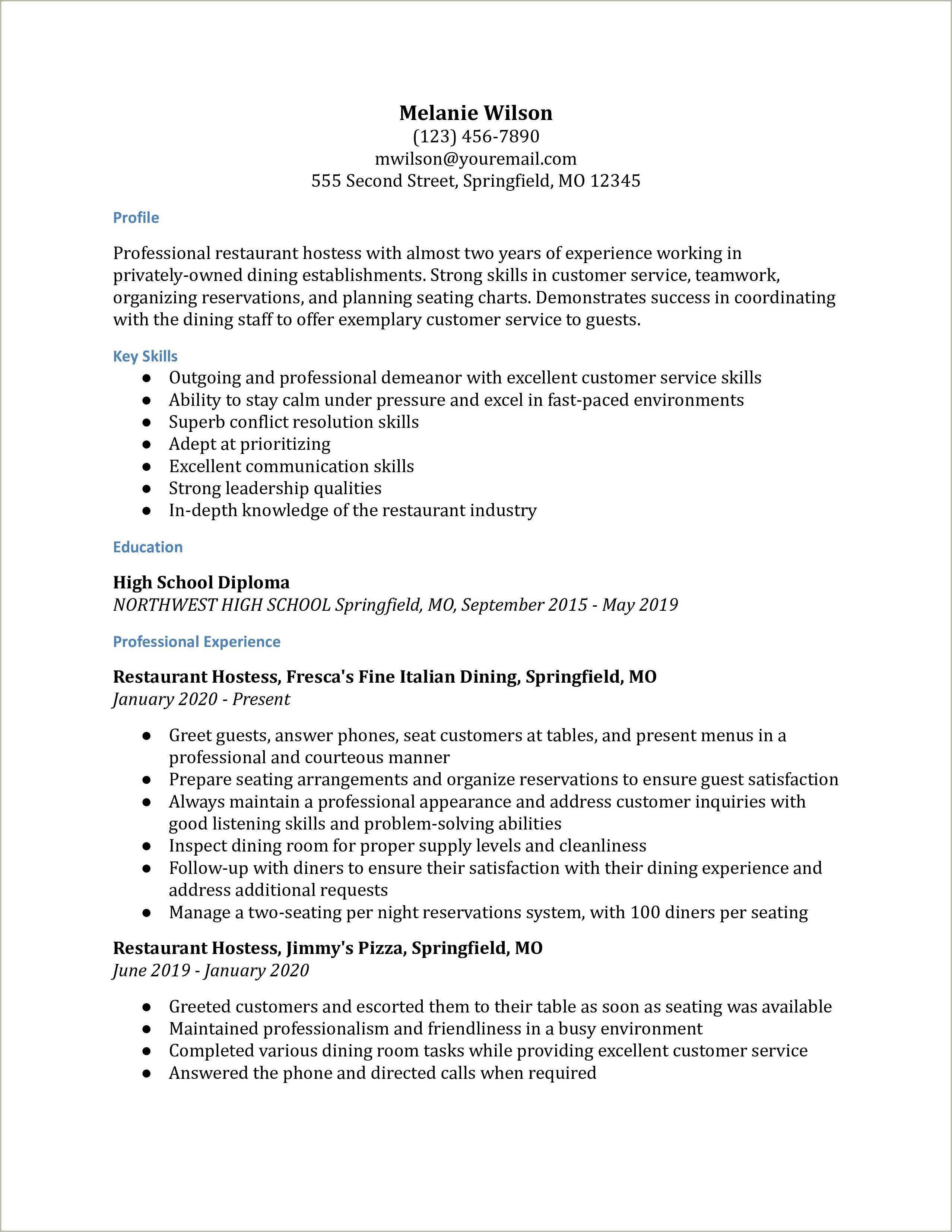 Job Descriptions For Resumes - Hostess Job Description Resume Sample 