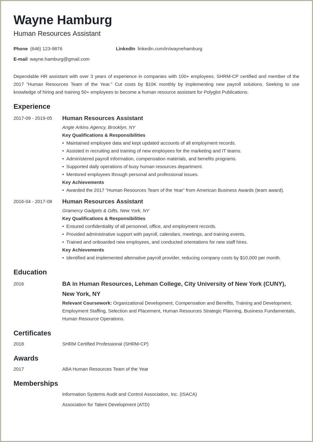 objective for hr resume entry level