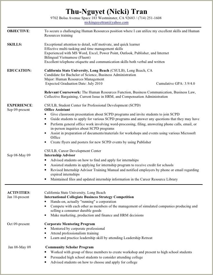 Human Resource Resume Objective Example Resume Example Gallery