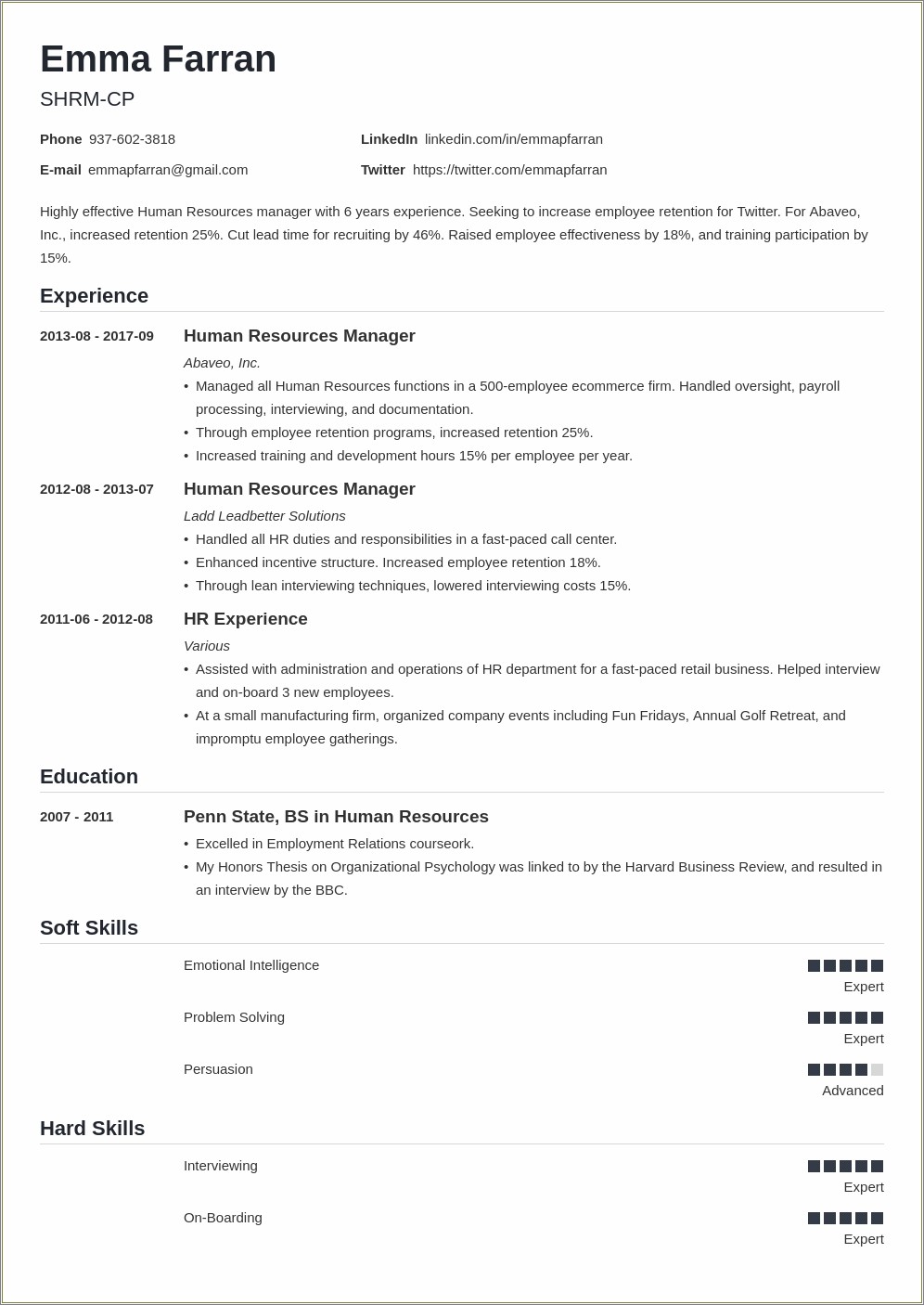 Human Resource Management Entry Level Resume