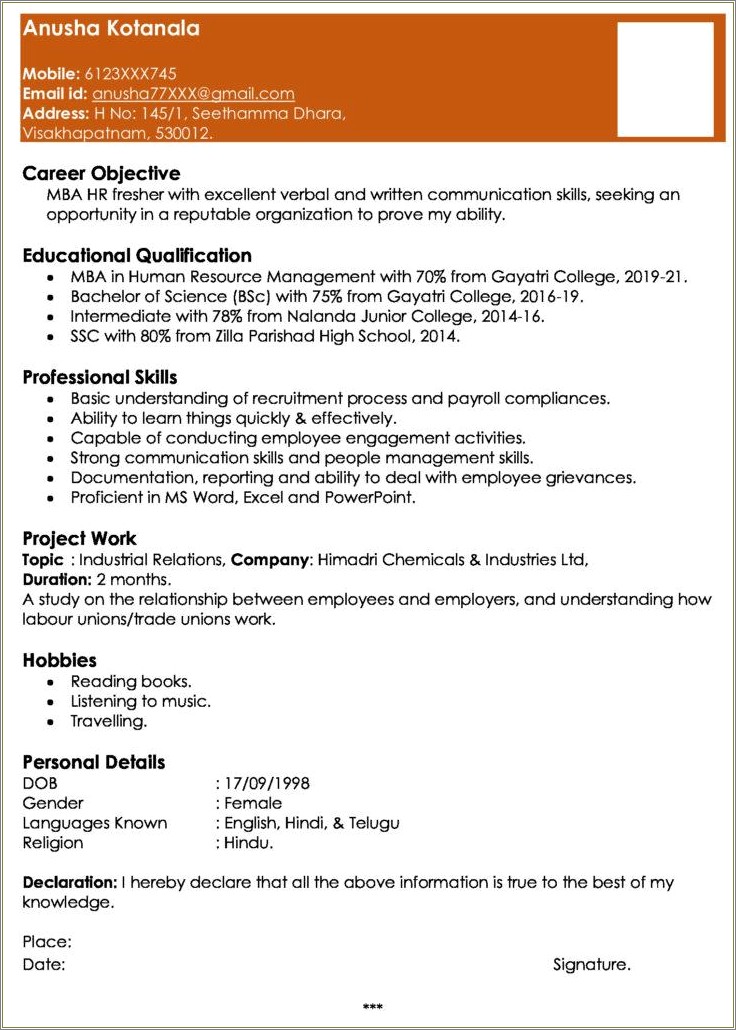 Human Resource Resume Entry Level Sample