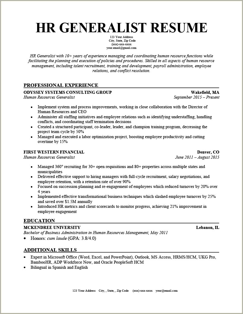 Human Resource Resume Pdf Skills Entry Level