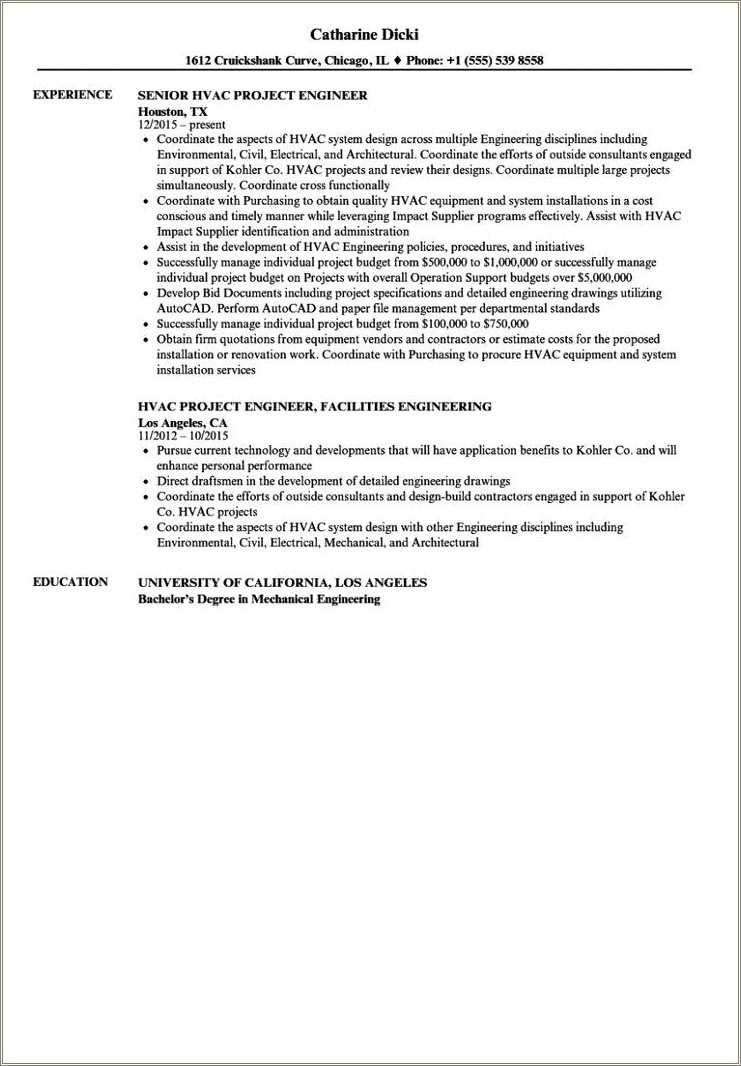 Hvac Project Engineer Sample Resume