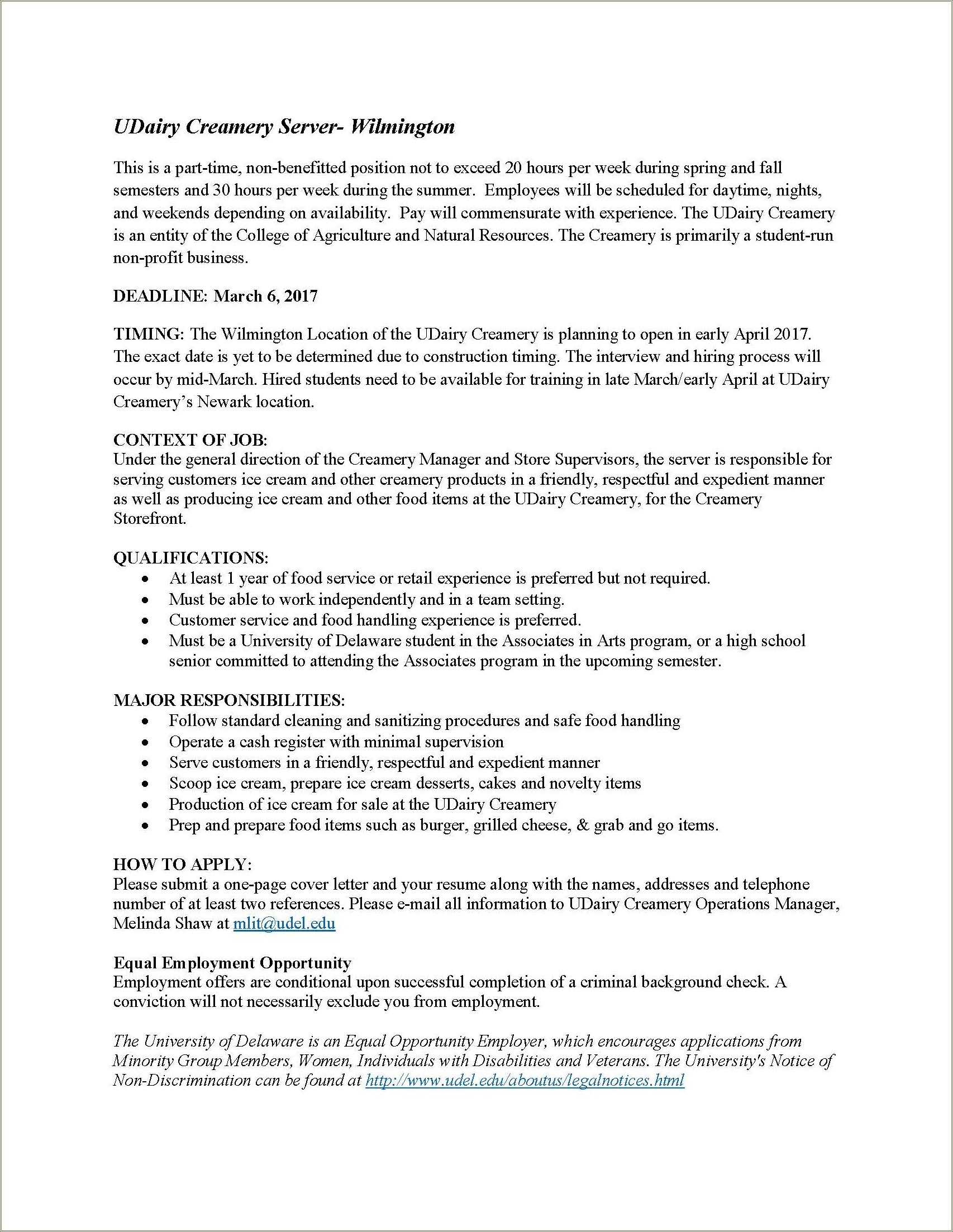 Ice Cream Shop Job Description For Resume Resume Example Gallery