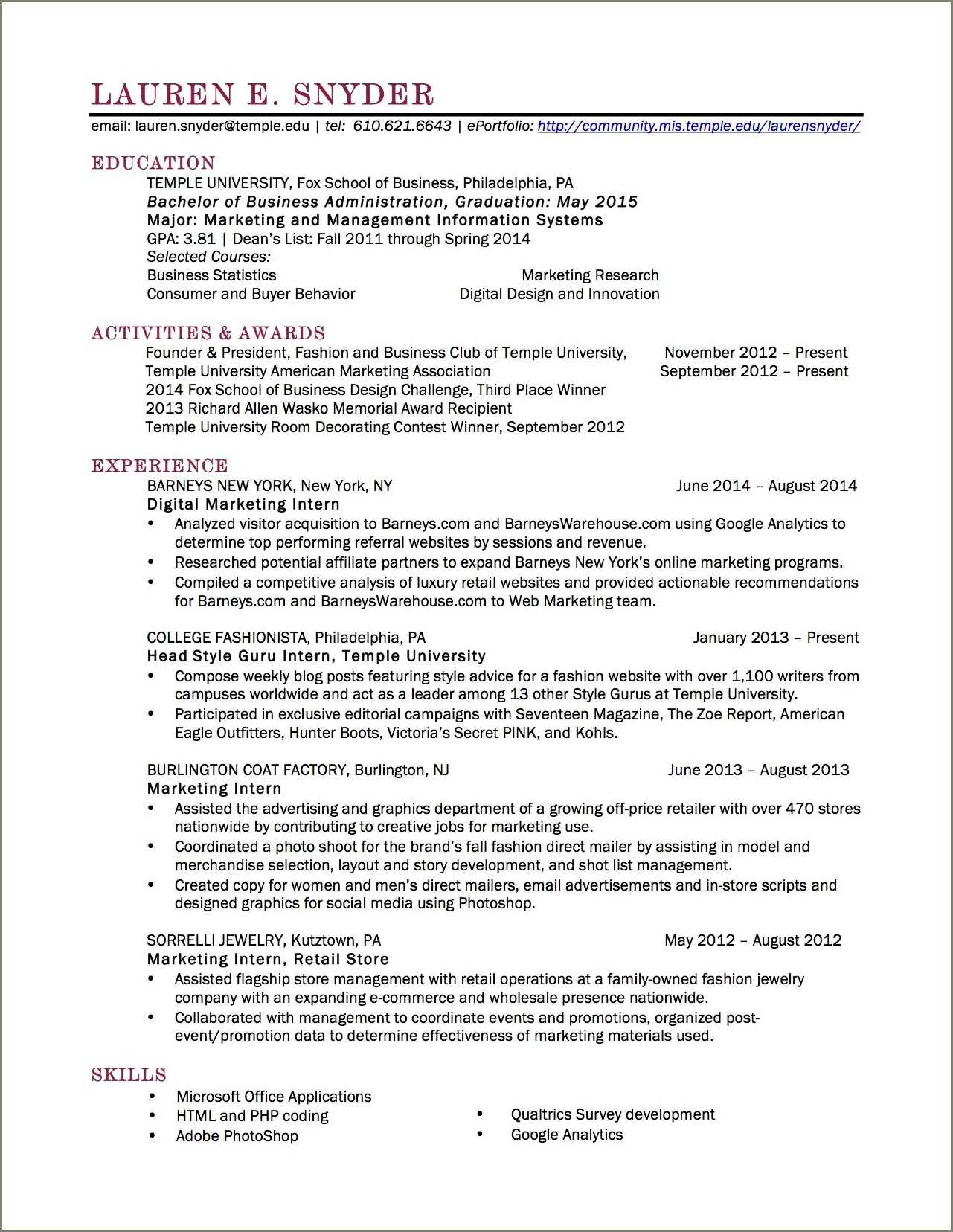 Information Systems Management Undergraduate Resume