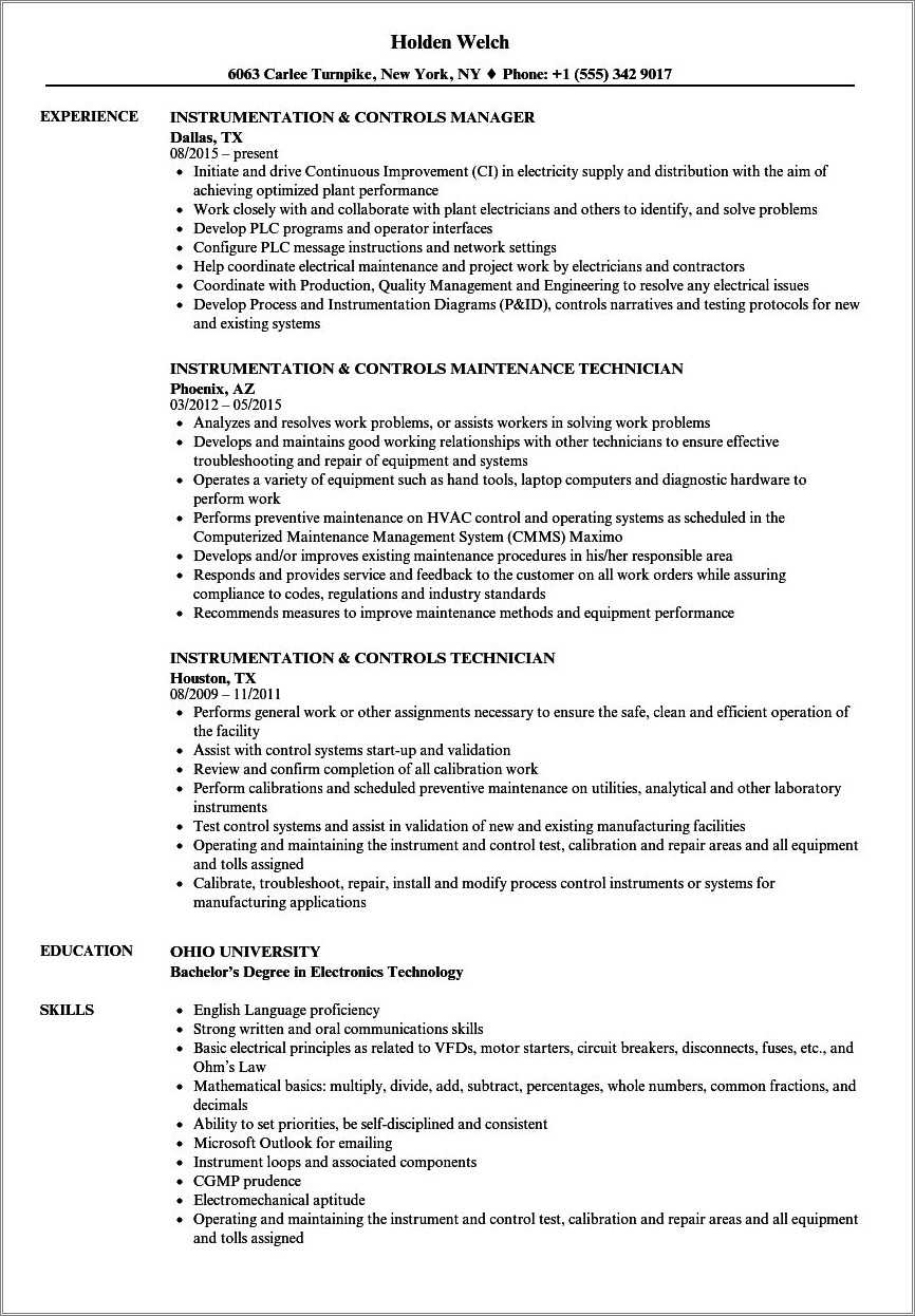 Instrument Commissioning Technician Resume Sample Resume Example Gallery