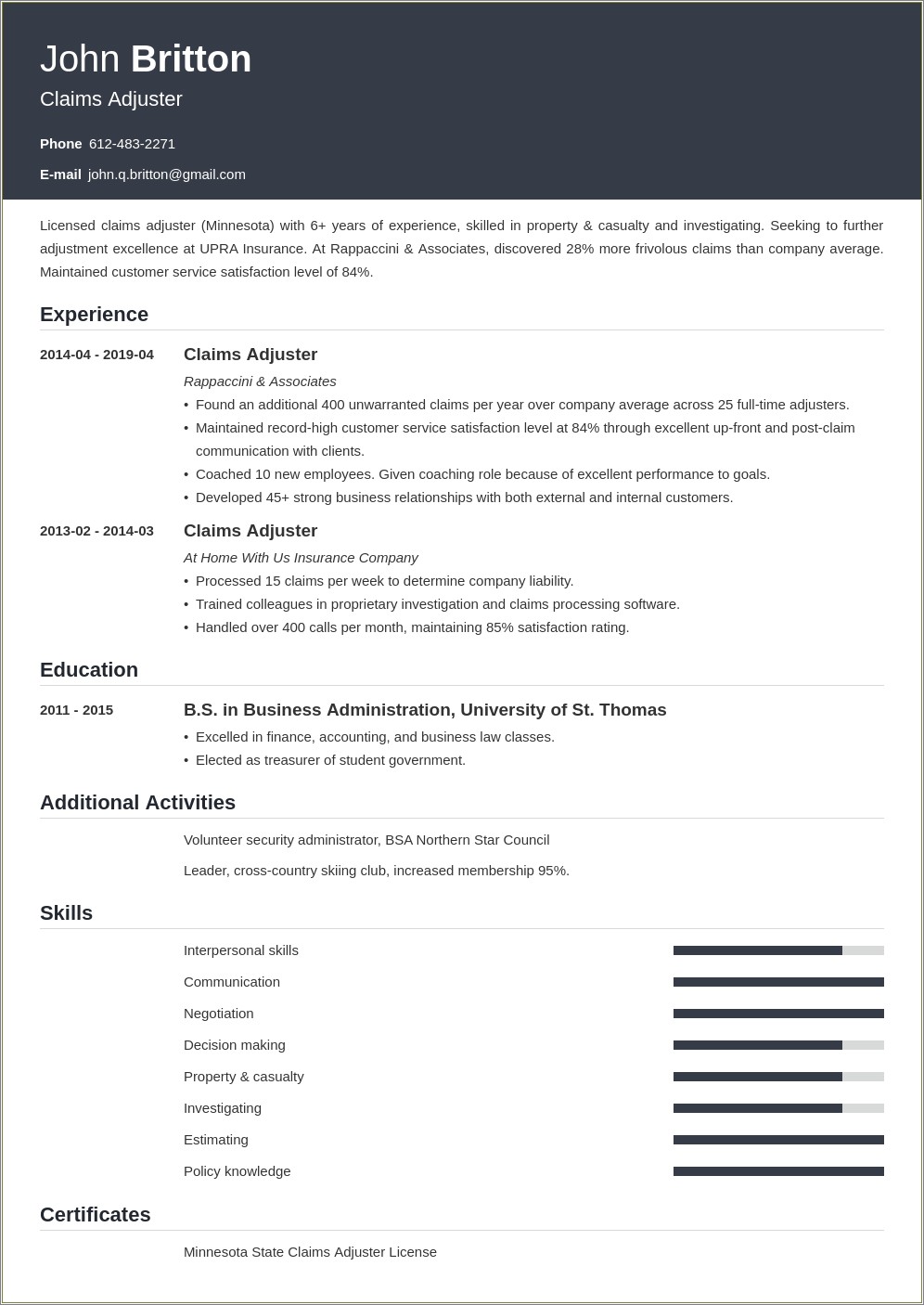 Insurance Claims Adjuster Resume Objective