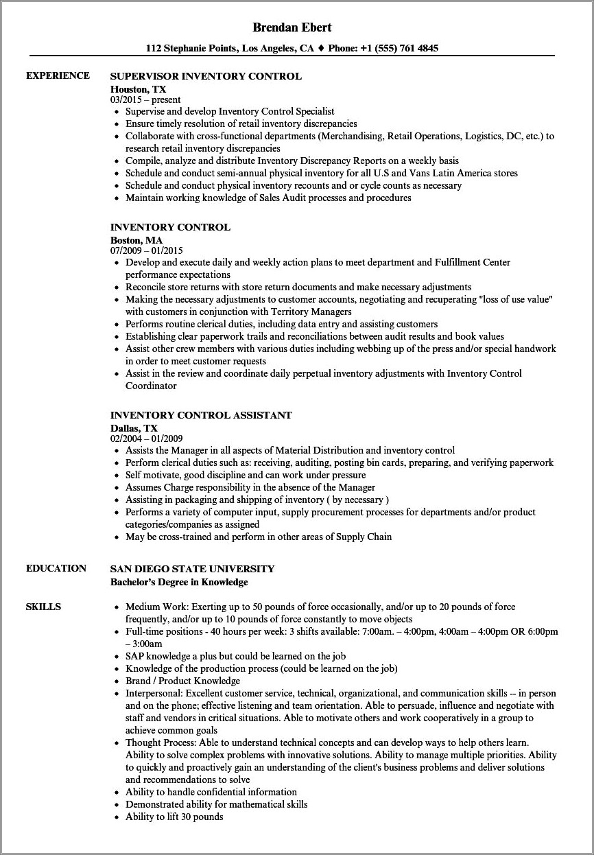 Inventory Control Manager Resume Example Resume Example Gallery