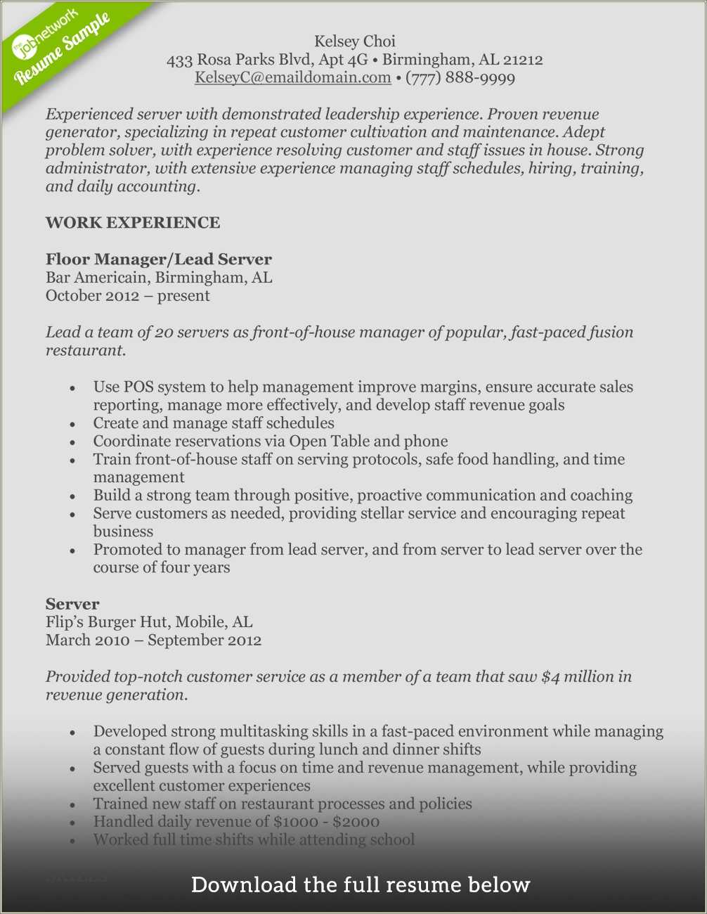 Job Description Fast Food Worker Resume