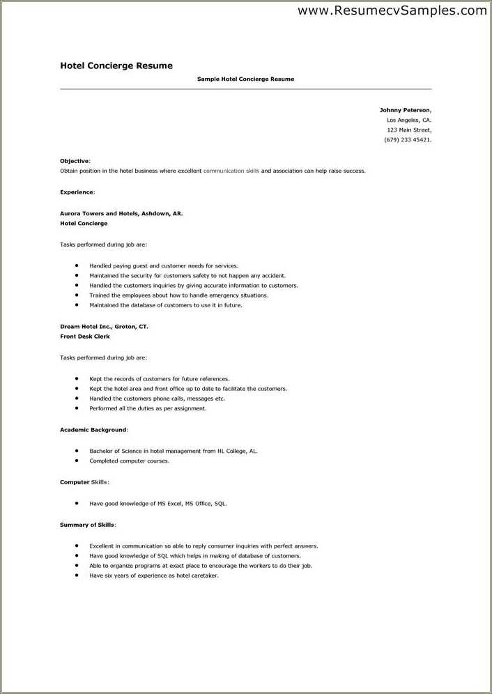 Job Descriptions On Resume For Concierge Resume Example Gallery