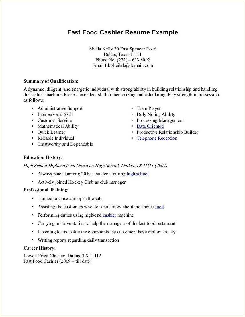 Job Duties Fast Food Cashier Resume