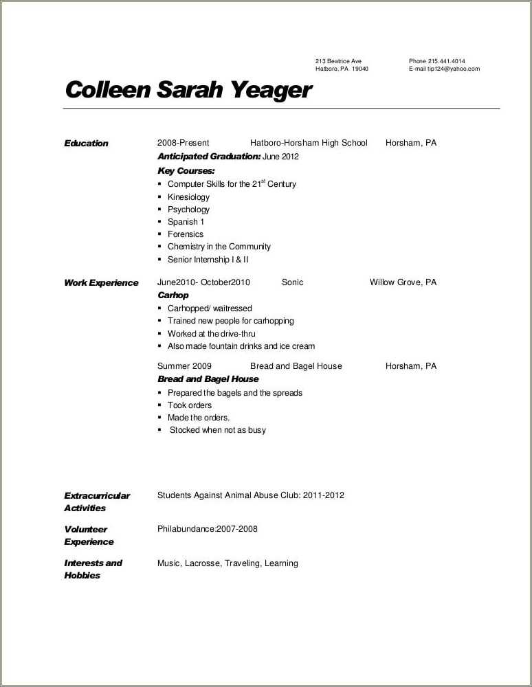 Job Resume Example High School