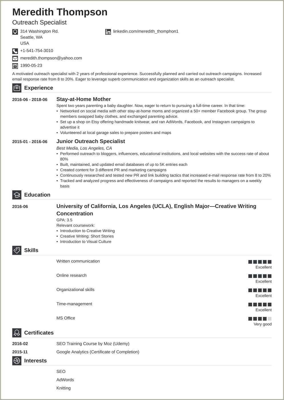 Job Seeker Resume After Stay At Home Housewife