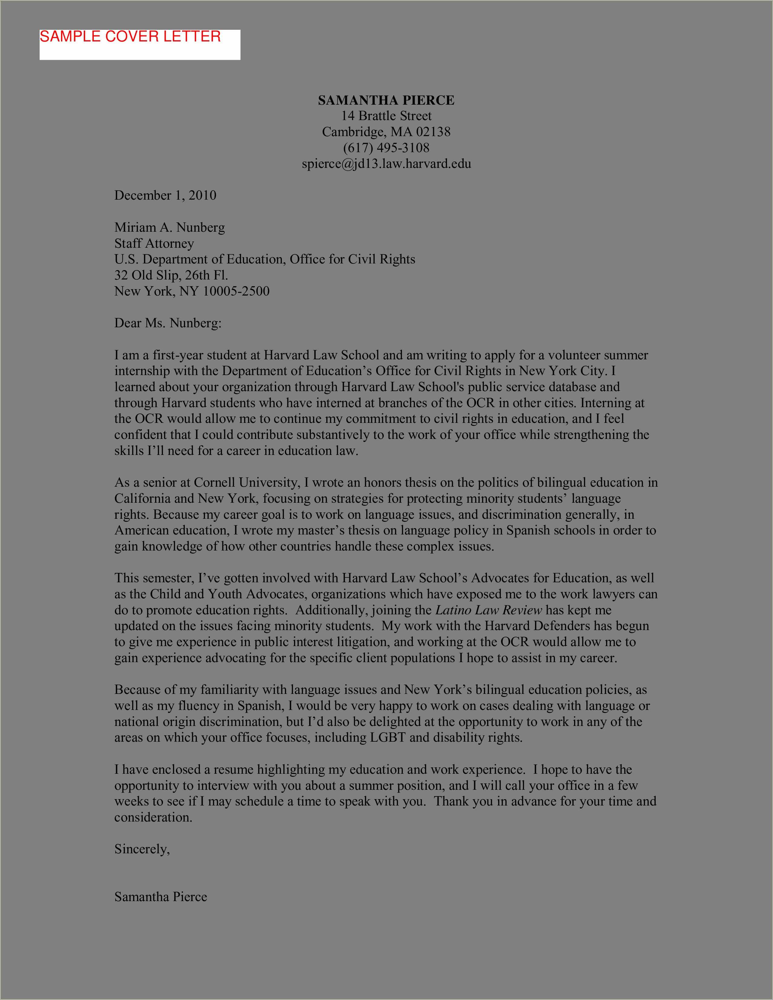 Law School Application Resume Cover Letter