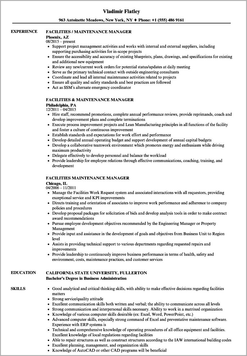 Maintenance Manager Job Description On Resume Resume Example Gallery