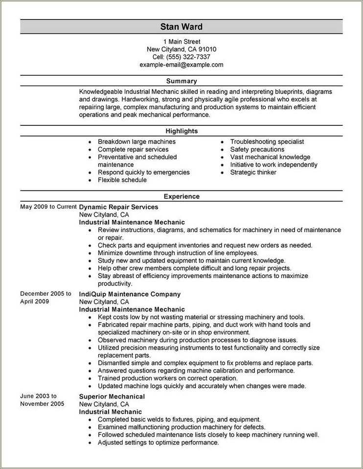 Maintenance Mechanic In Hospital Resume Sample