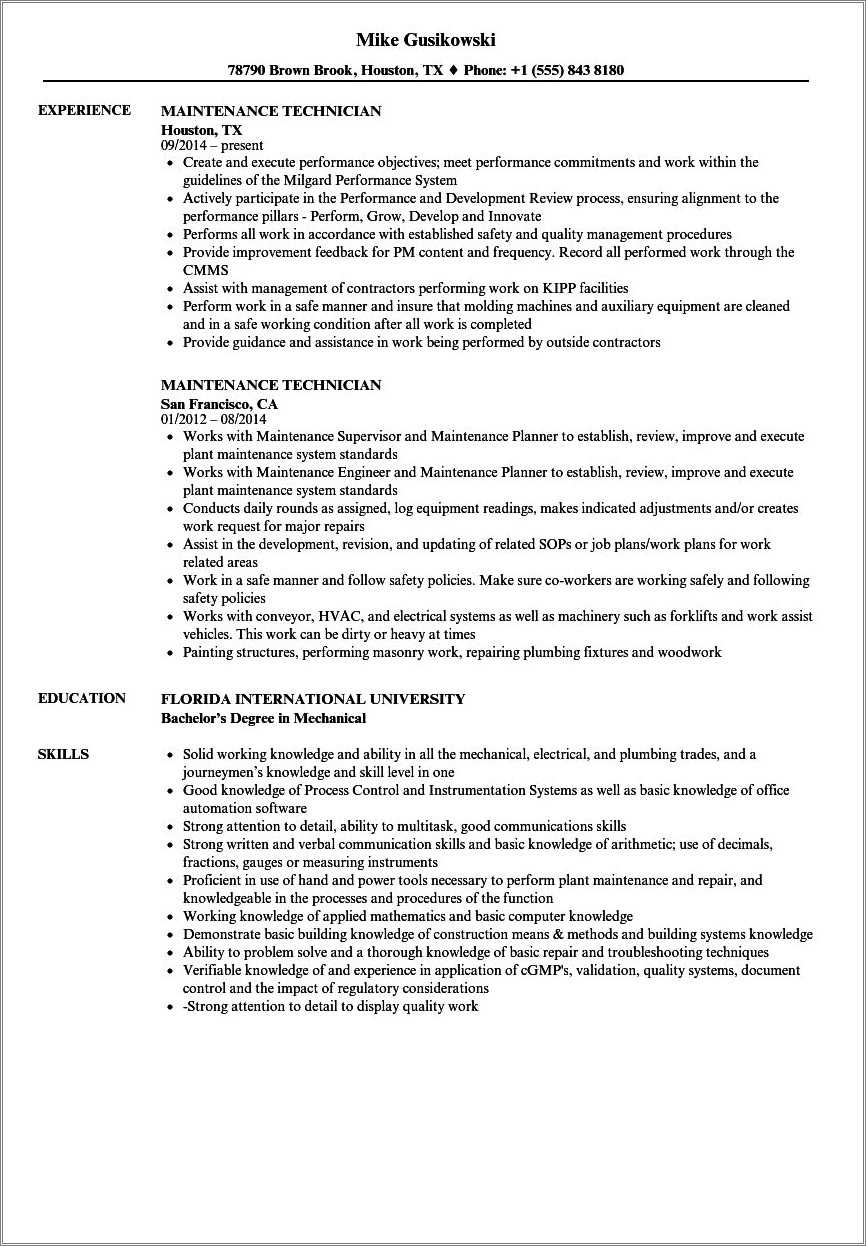 Maintenance Mechanic Job Description Resume