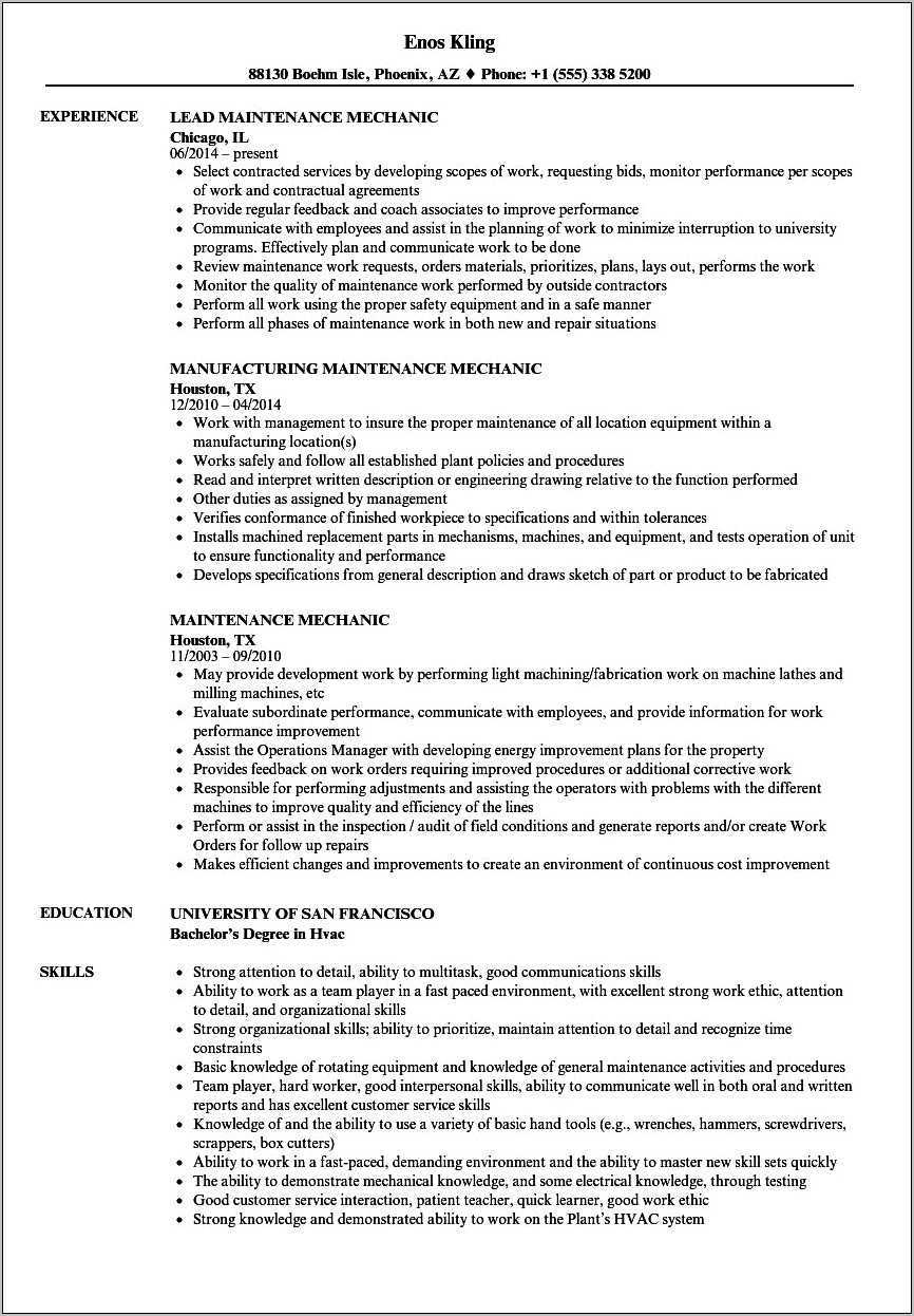 Maintenance Mechanic Resume Job Objective