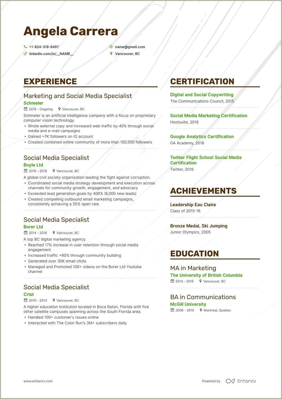 Managed Company Social Media Resume