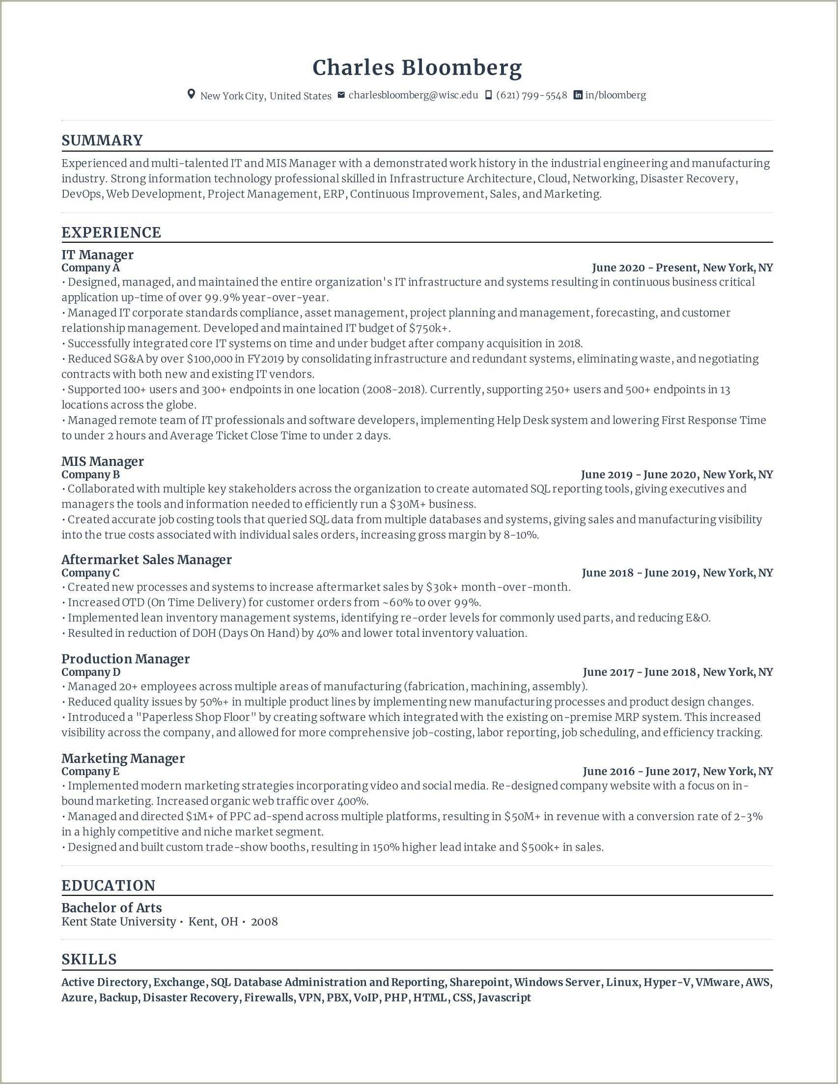 Manager Of Information Systems Resume