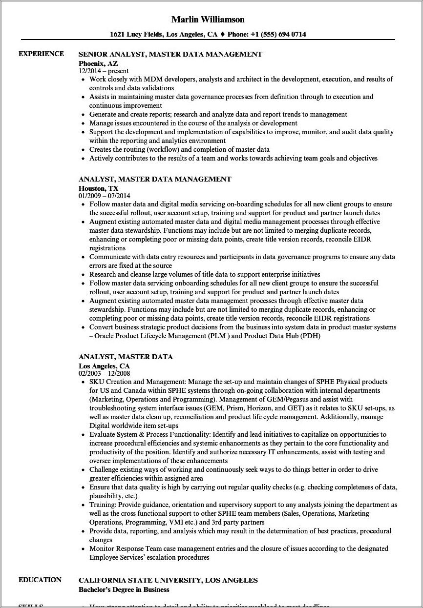 Master Data Management Resume Samples Resume Example Gallery