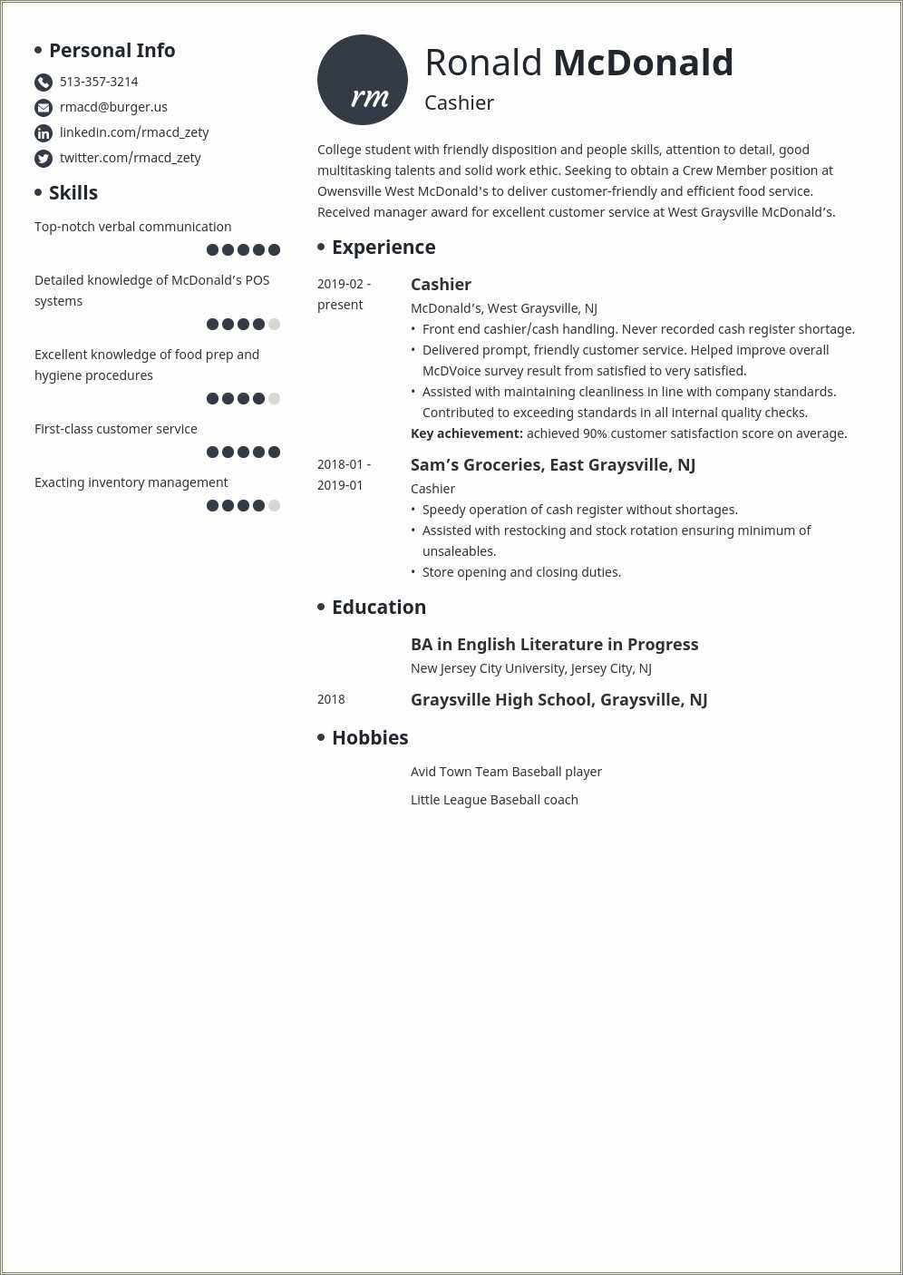 Mcdonalds Crew Member Resume Sample