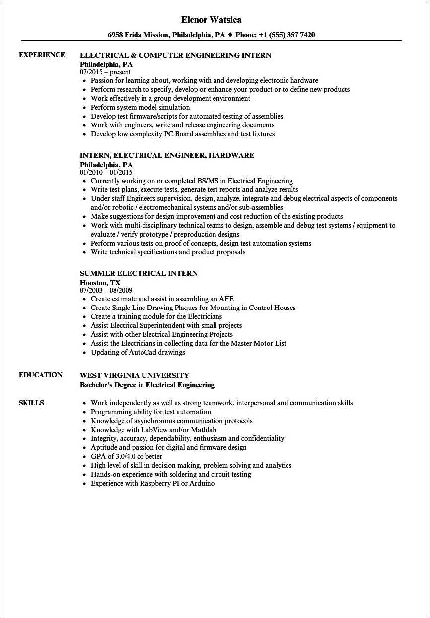 Mechanical Engineer Internship Resume Examples Resume Example Gallery