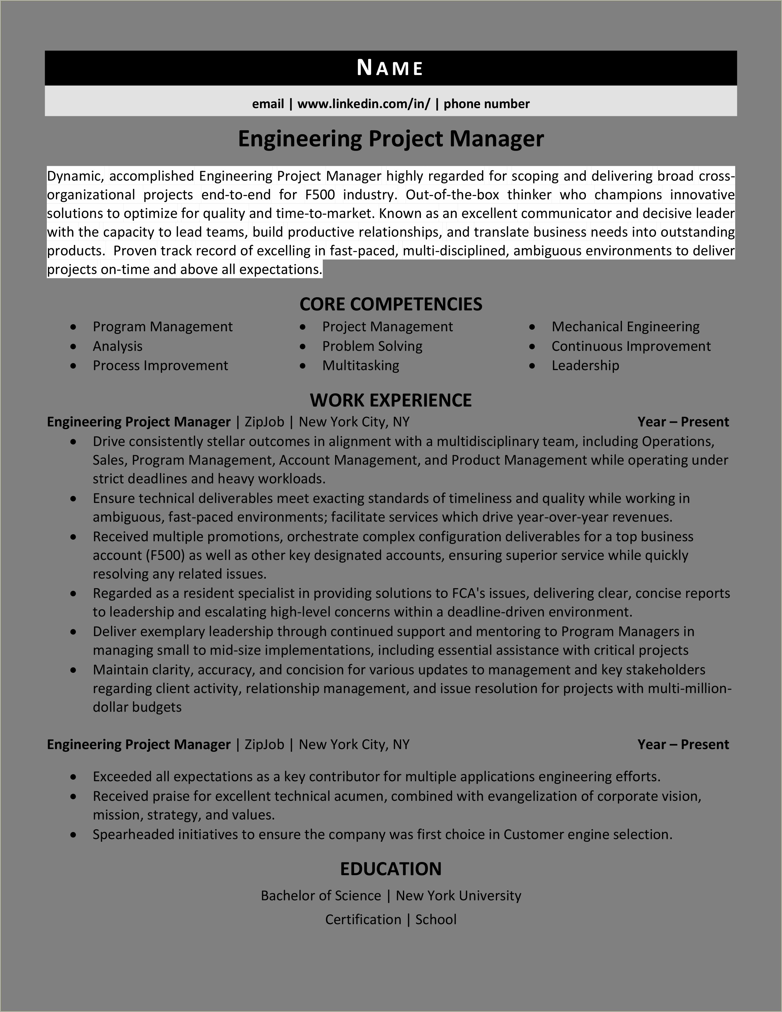 mechanical engineer project management resume