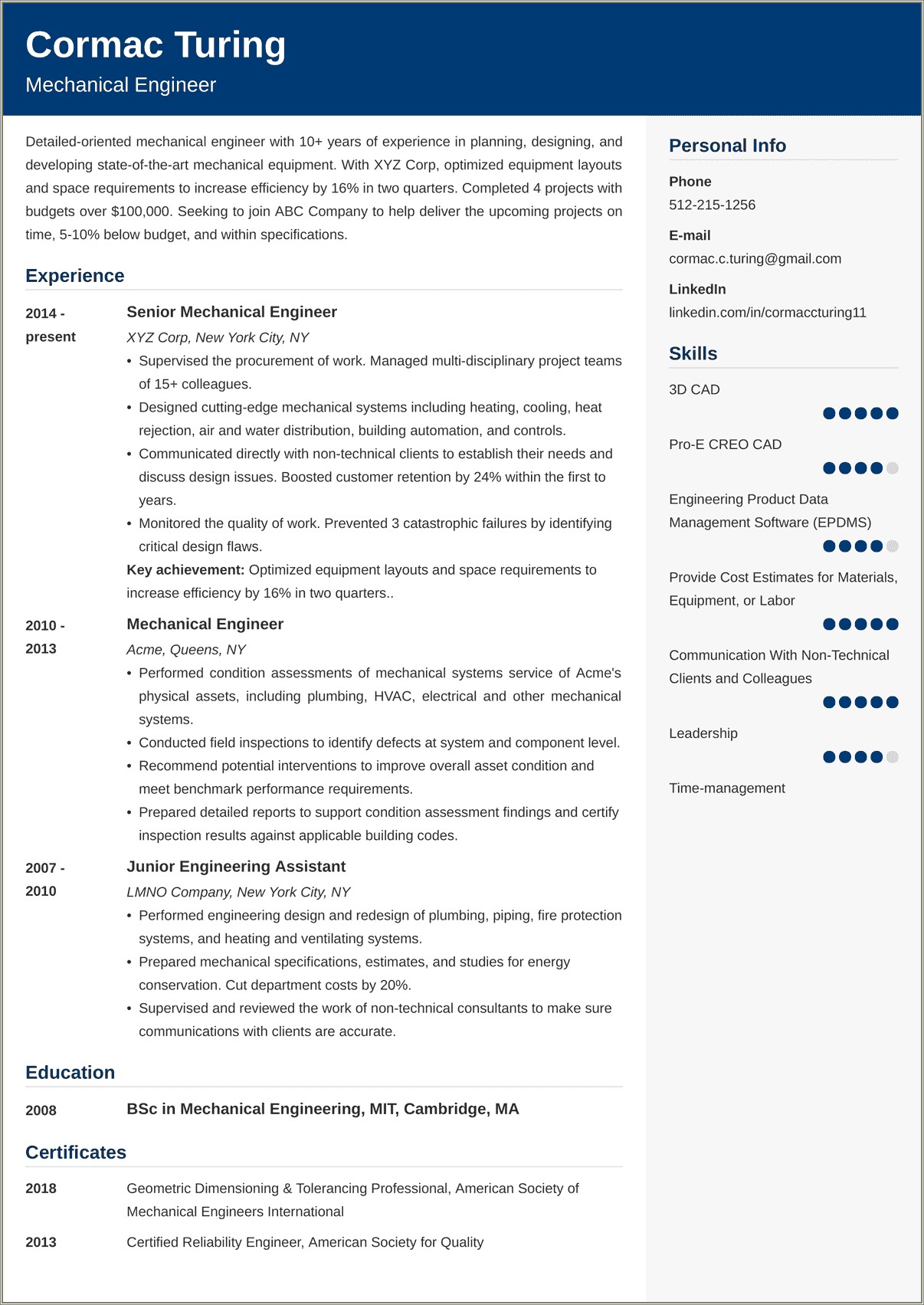 Mechanical Engineer Resume Sample Objective